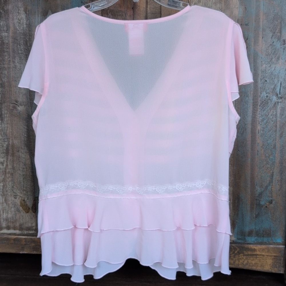 Oscar de la Renta Sheer Pink Ruffled Peplum Blouse Lace Trim - Women's 16 - Picture 5 of 5